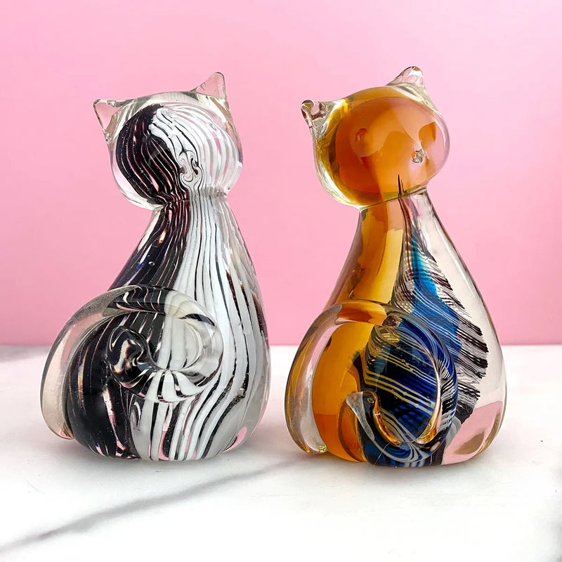 Afralia™ Hand Blown Glass Cat Figurine, Modern Art Crystal Sculpture, Cute Ornament