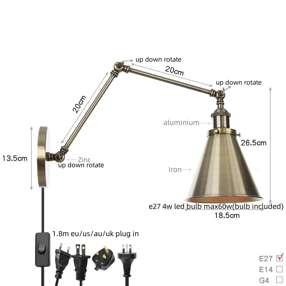 Afralia™ Silver Iron LED Swing Arm Wall Lights, Industrial Style, Plug-In, Stair & Bedside Lamp
