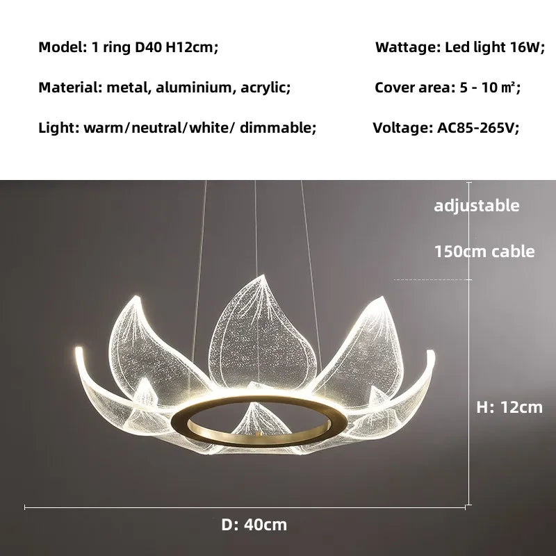 Afralia™ Lotus Acrylic LED Chandelier Gold Suspend Lamp for Living Room Lighting