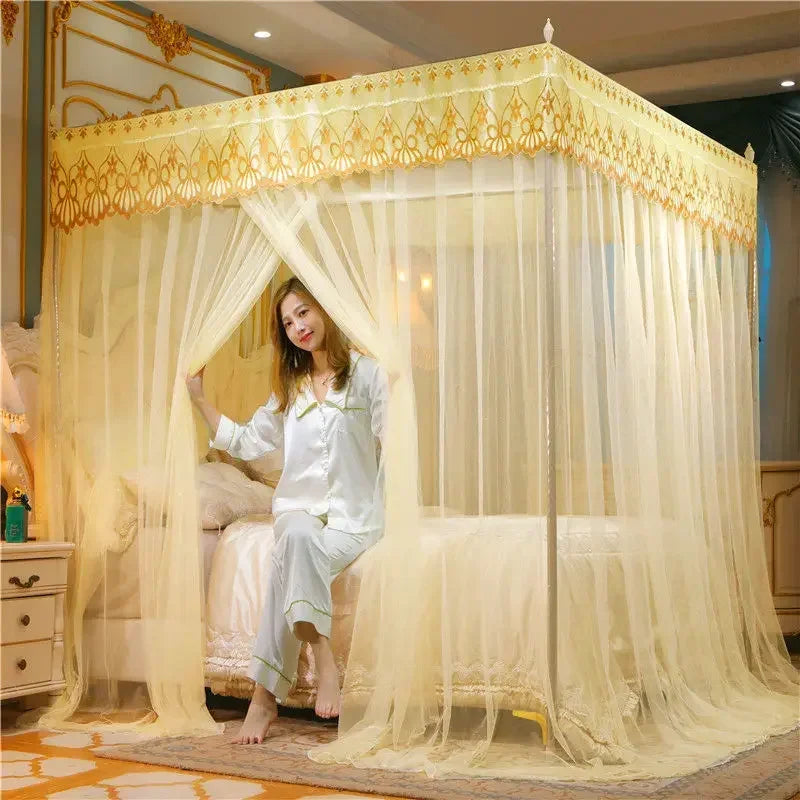 Afralia™ Mosquito Net Canopy for Queen Double Bed - Lace Pleated Embroidery Square