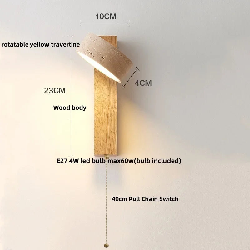 Afralia™ Yellow Travertine Wood Canopy LED Wall Light, Japan Style Bedside Lamp