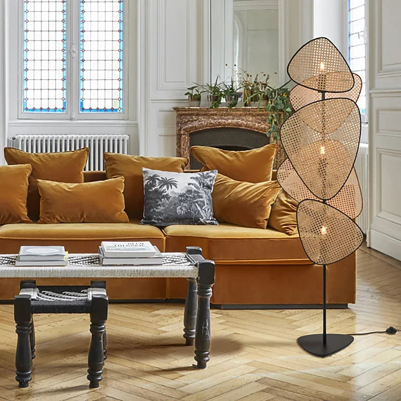 Afralia™ Rattan Art Leaf Grid Chandelier Floor Lamp for Modern Living Room & Bedroom