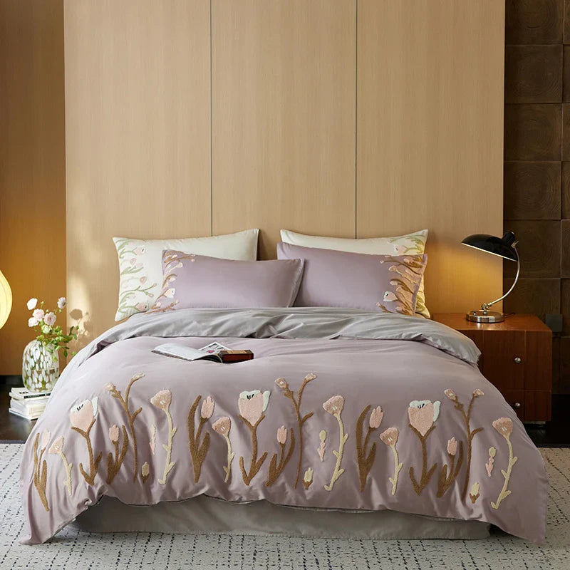 Afralia™ 4-Piece Egyptian Cotton Tulip Towel Embroidery Bedding Set