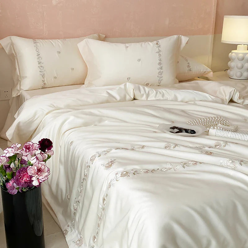 Afralia™ Rose Flowers Embroidery Bedding Set - Soft Lyocell Cotton, Silky Duvet Cover, Sheet, Pillowcases