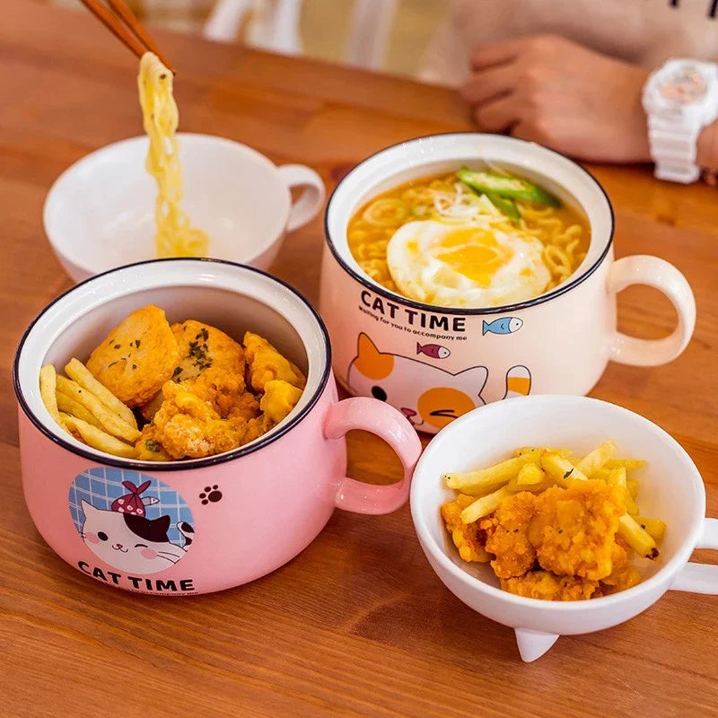 Afralia™ Ceramic Cat Mug with Spoon, Lid | Large Capacity Ramen Bowl Tiger Pig