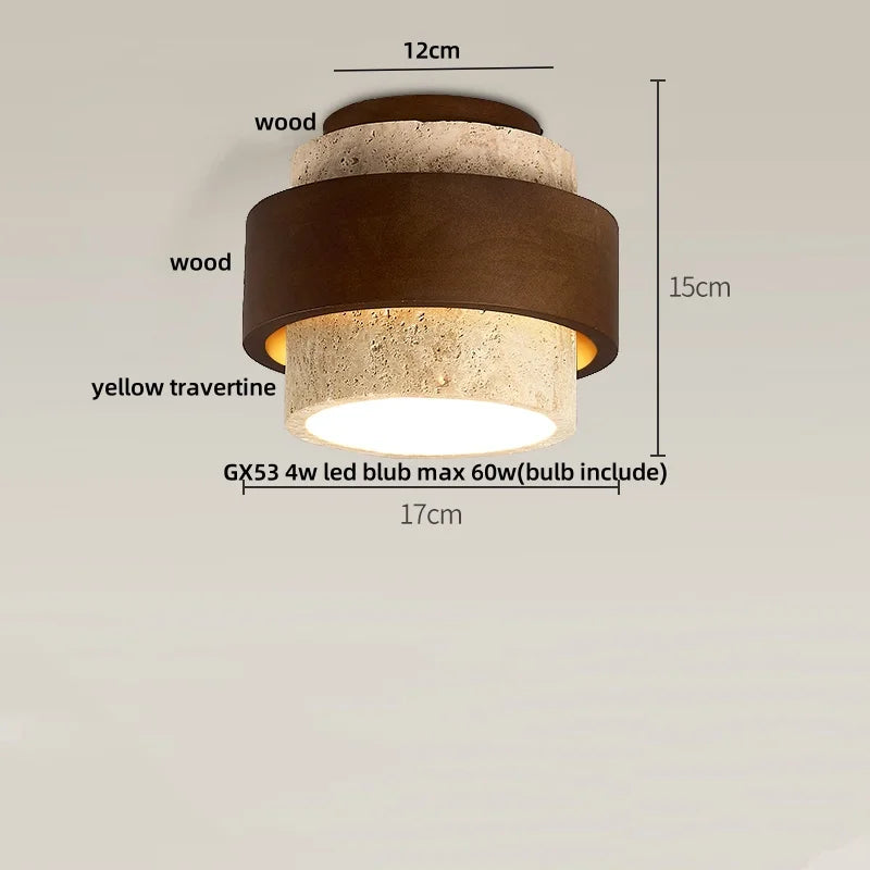 Afralia™ Yellow Travertine LED Ceiling Lamp with Wood Canopy Flush Mount