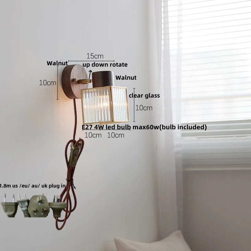 Afralia™ Modern Walnut Wood LED Wall Light Fixture Glass Bedroom Living Room Sconce