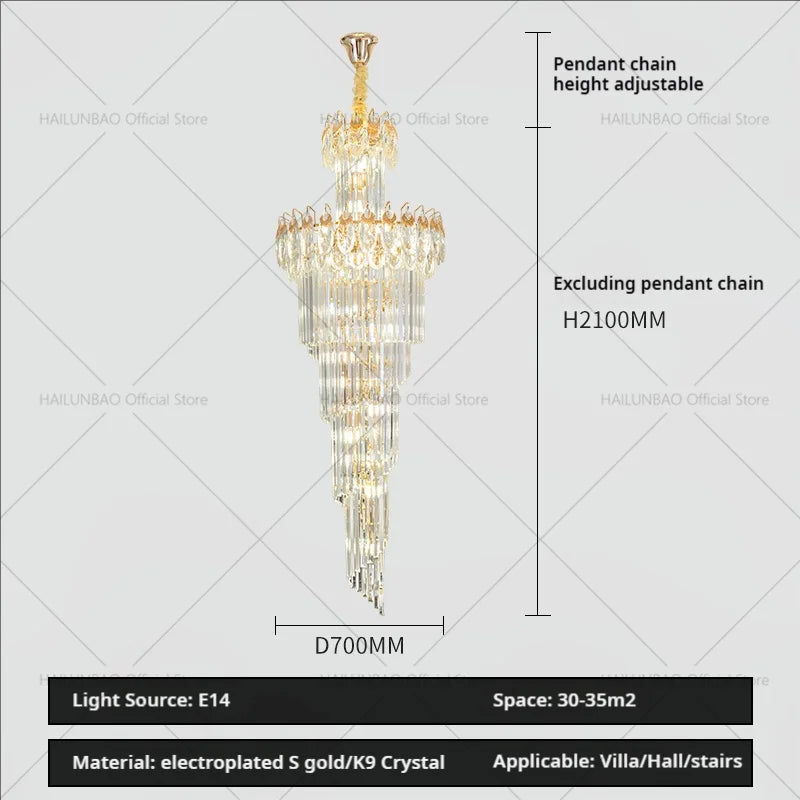 Afralia™ Luxury Crystal Chandelier for Modern Villa Living Room, Rotating Staircase Long Light