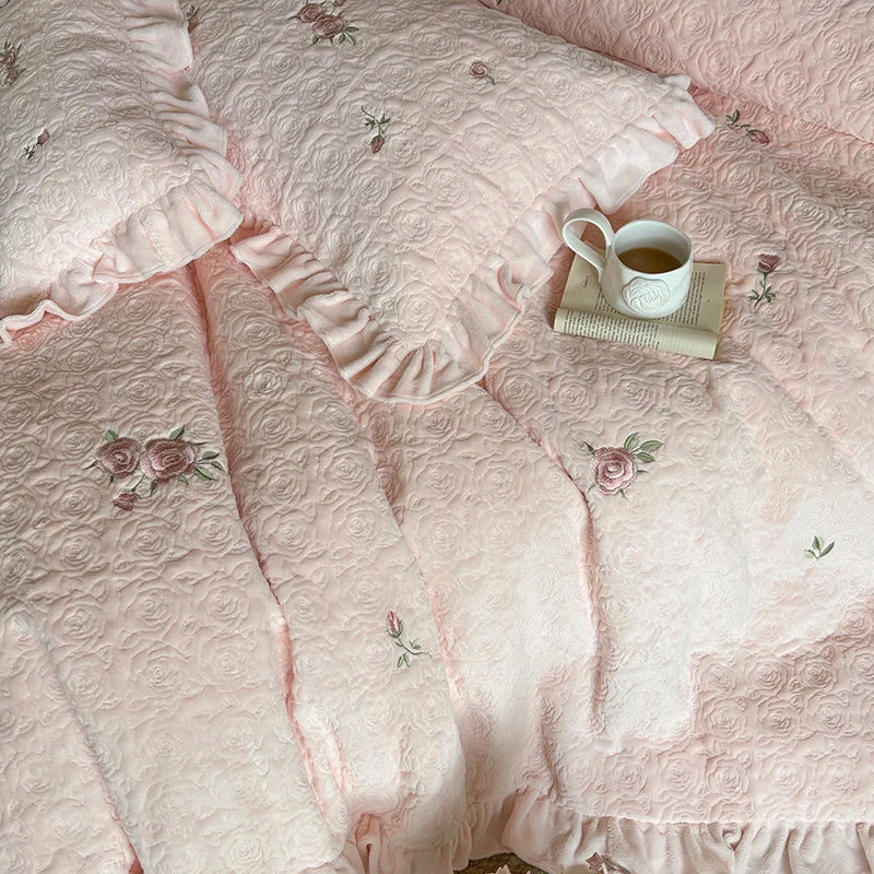 Afralia™ Pink Winter Milk Velvet Floral Ruffles Bedding Set