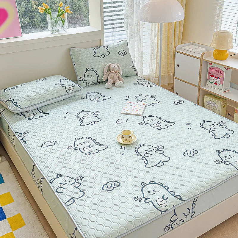 Afralia™ Cool Silk Latex Fitted Sheet Set with Pillowcases, Summer Ice Silk, Single Double Bed