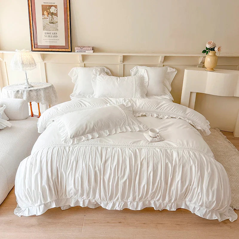 Afralia™ Pleat Ruffles Patchwork Cotton Bedding Set with Pink & White French Style