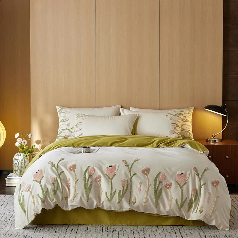 Afralia™ 4-Piece Egyptian Cotton Tulip Towel Embroidery Bedding Set