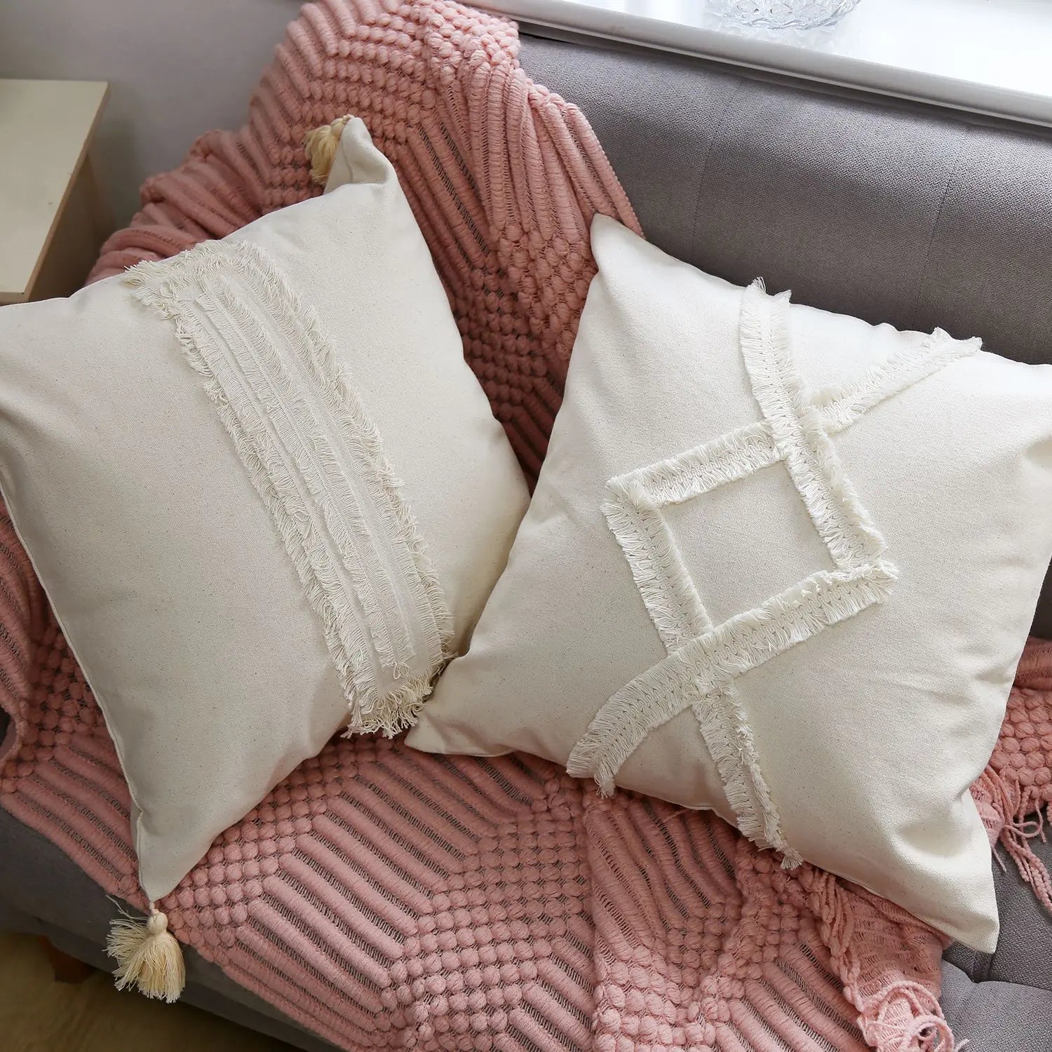 Afralia™ Boho Linen Cotton Pillow Cover with Tassels - Beige Square/Rectangular 45x45cm/30x50cm