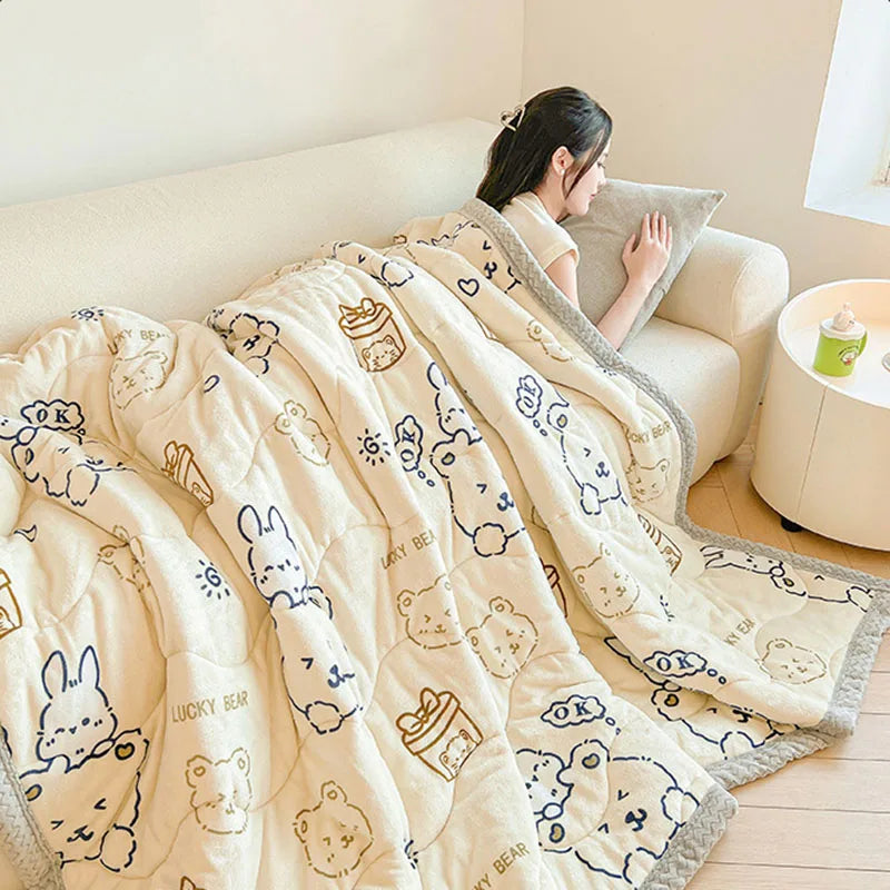 Afralia™ Cartoon Print Three-Layer Velvet Blanket for Cozy Winter Bedding