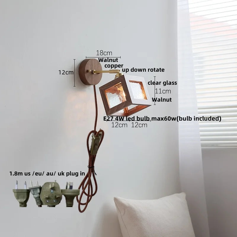 Afralia™ Modern Walnut Wood LED Wall Light Fixture Glass Bedroom Living Room Sconce