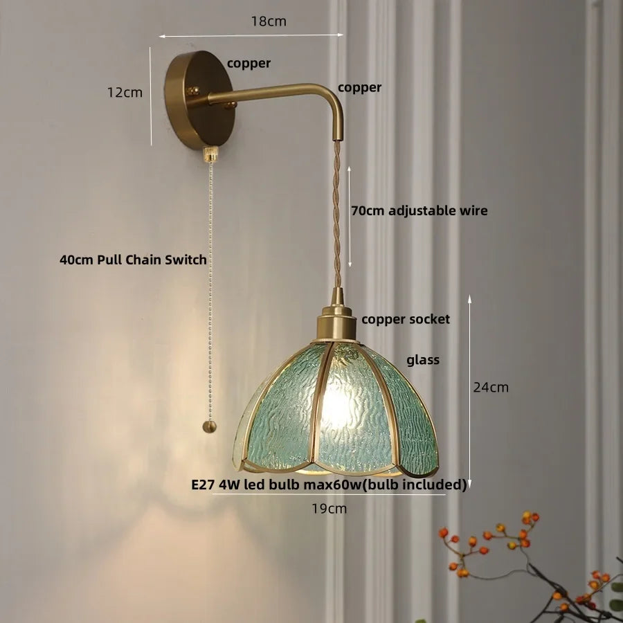 Afralia™ Tiffany Glass LED Wall Sconce Pull Chain Switch Bedroom Foyer Lamp