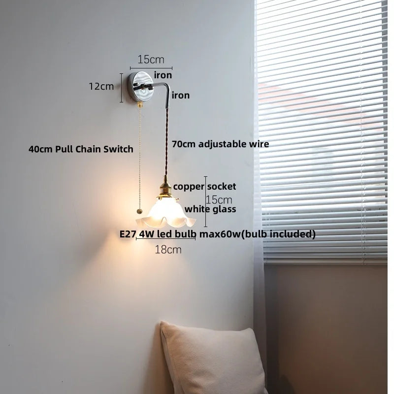 Afralia™ White Glass LED Wall Lights with Pull Chain Switch - Nordic Modern Bedside Lamp