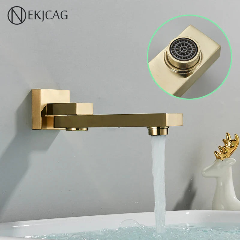 Afralia™ Brushed Gold Wall Mounted Basin Faucet with Rotating Mixer