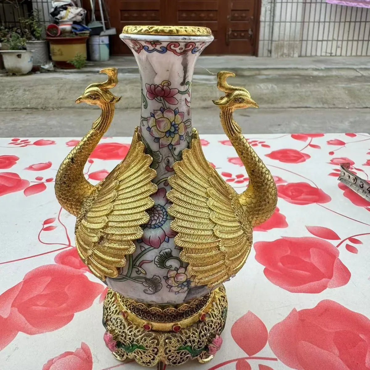 Afralia™ Qianlong Copper Inlaid Pink Flower Pattern Vase