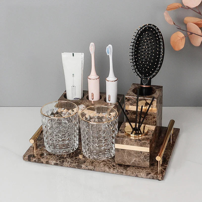 Afralia™ Emperador Dark Marble Bathroom Set: Toothbrush Holder, Soap Dispenser, Luxury Accessories