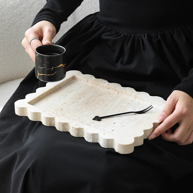 Afralia™ Travertine Scalloped Edge Vanity Tray for Bathroom Kitchen Home Decor