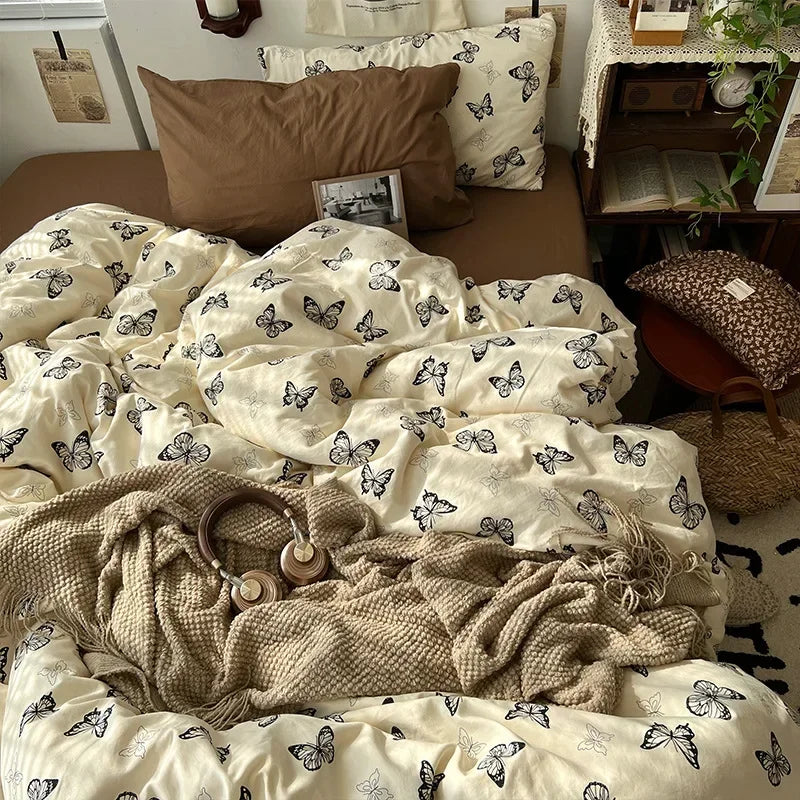 Afralia™ Cute Cartoon Washed Cotton 4-Piece Bedding Set for Spring Soft Skin-Friendly Sheets