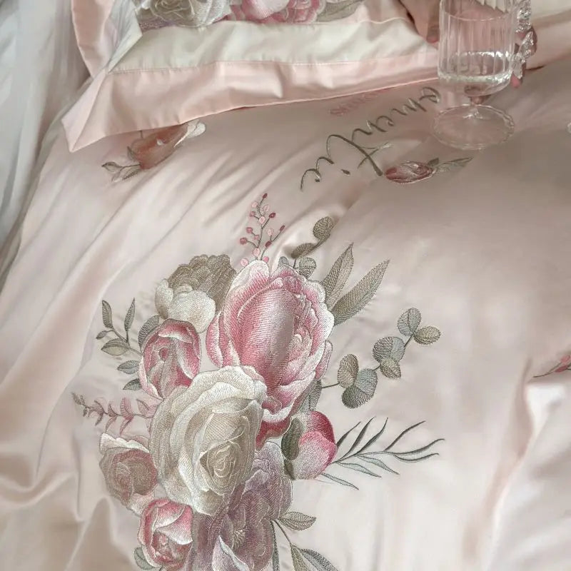Afralia™ 4-Pc Flowers Embroidery Bedding Set 1000TC Egyptian Cotton Duvet Cover Sheets