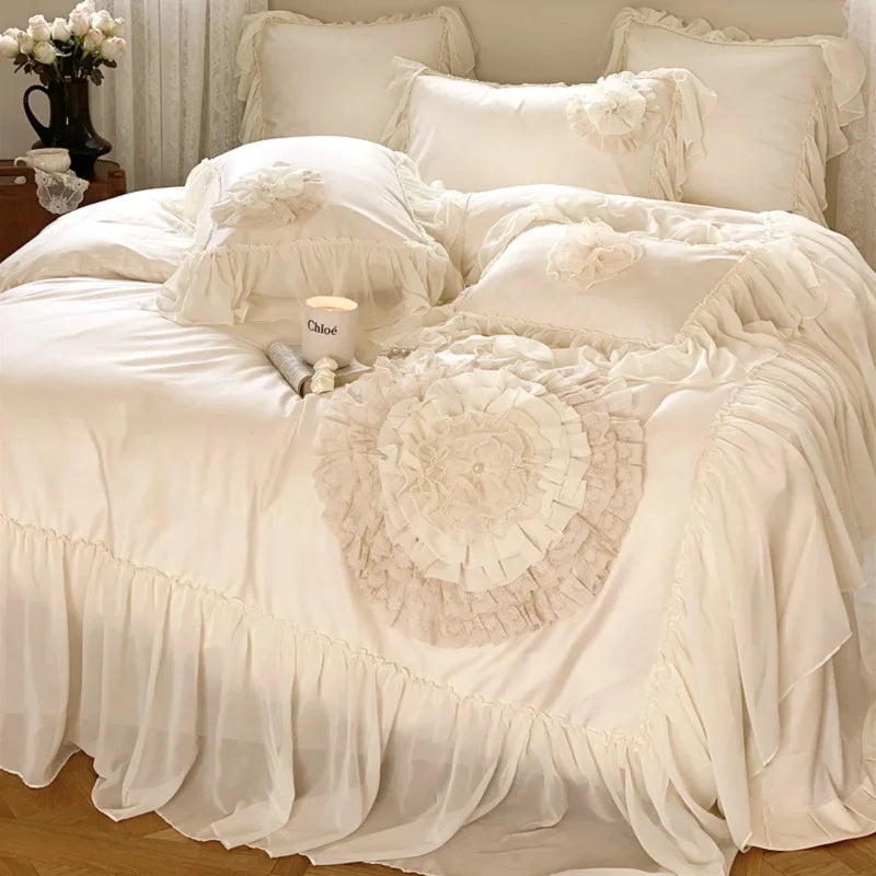 Afralia™ Luxury Wedding Embroidered Bedding Set with Handmade Flowers and Lace Edge