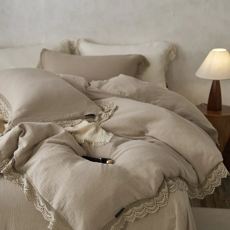 Afralia™ Vintage Lace Edge Cotton Bedding Set: Duvet, Sheets, Pillowcases
