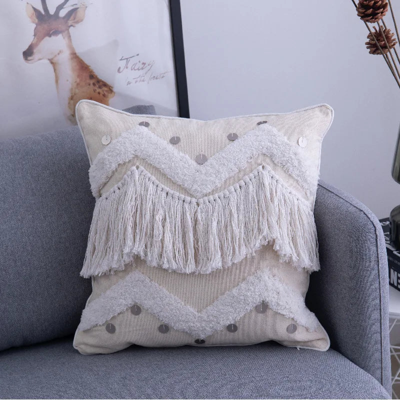 Afralia™ Moroccan Beige Diamond Fringed Cushion Cover 45x45cm for Home Decor