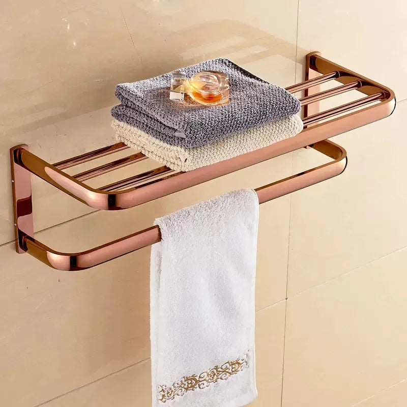 Afralia™ Rose Gold Bathroom Accessories Set: Towel Rack, Shelf, Paper Holder, Towel Holder, Toilet Brush Holder