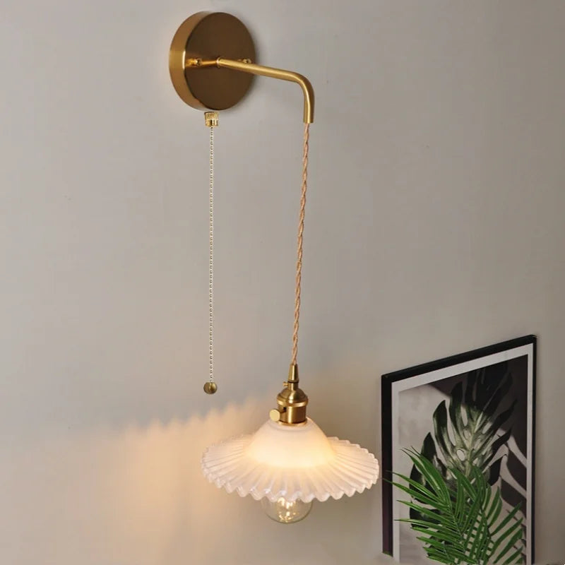 Afralia™ White Glass LED Wall Lamp with Pull Chain Switch - Modern Nordic Design