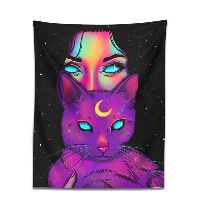 Psychedelic Cat Tapestry Wall Hanging for Bohemian Home Decor by Afralia™