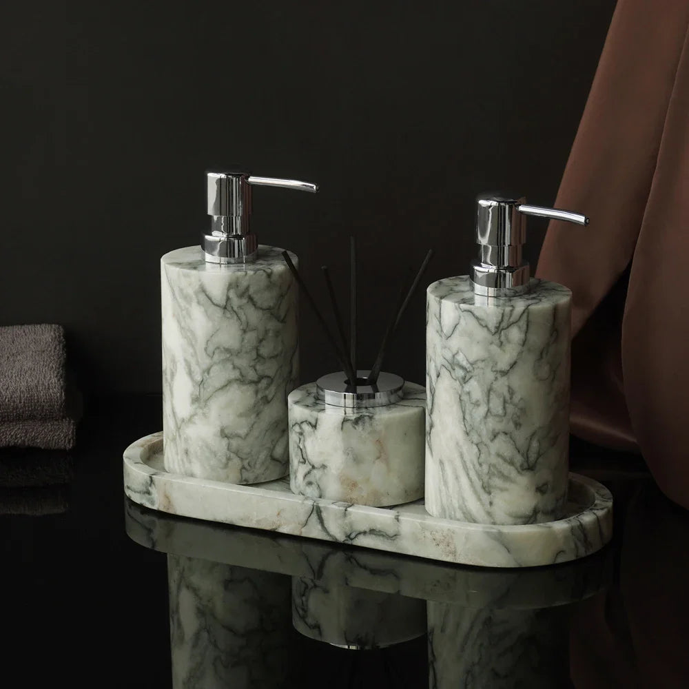 Afralia™ Emerald Marble Bathroom Set Luxury Accessories Vanity Tray & Reed Diffuser
