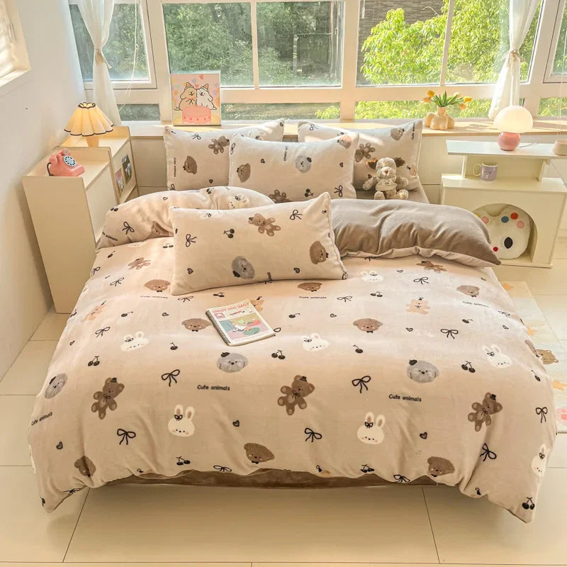 Afralia™ Cartoon Print Milk Velvet Bedding Set: Cozy, Skin-Friendly Winter Bedclothes