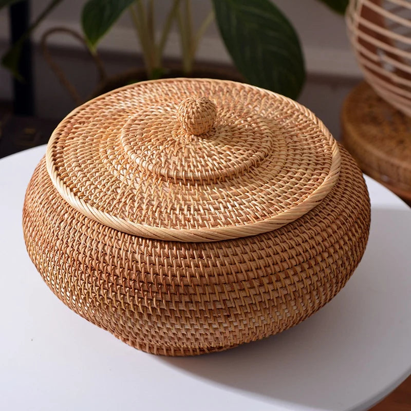 Afralia™ Handwoven Rattan Storage Box With Lid - Kitchen Food Container & Home Organizer