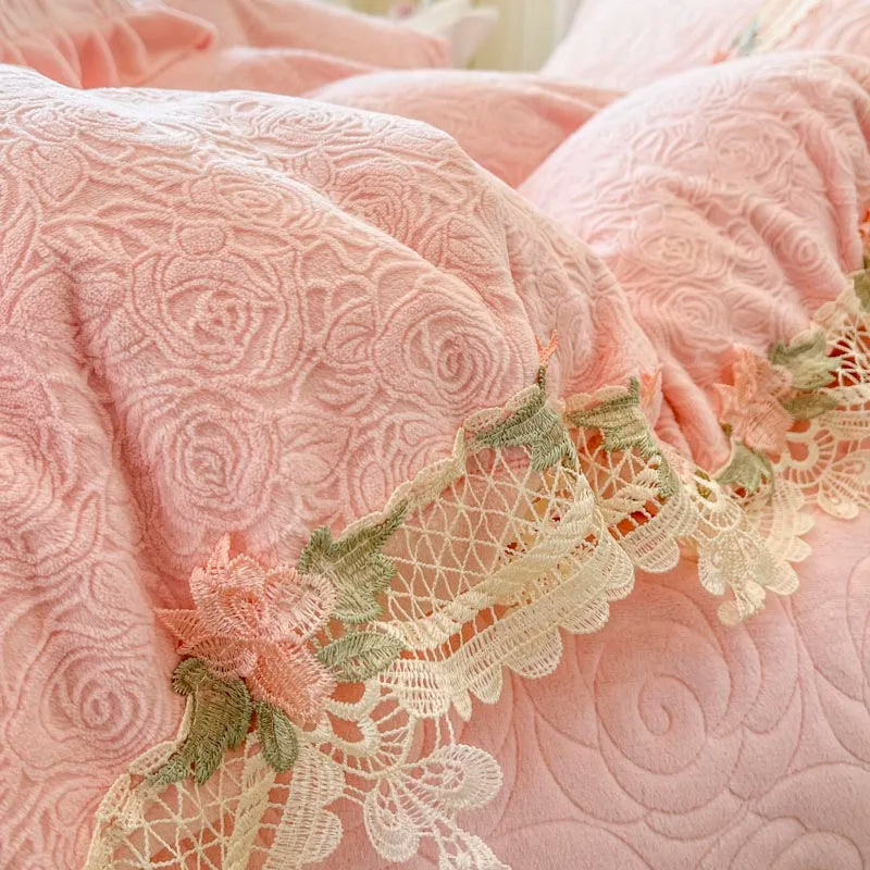 Afralia™ Pink Flowers Lace Ruffles Princess Velvet Bedding Set