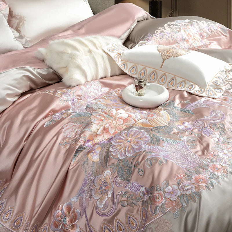 Afralia™ European Palace Style Flowers Embroidery Bedding Set - Duvet Cover, Sheet, Pillowcase