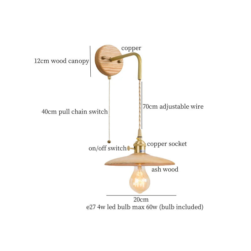 Afralia™ Nordic Wood LED Wall Lamp Pull Chain Switch for Home Decor & Lighting