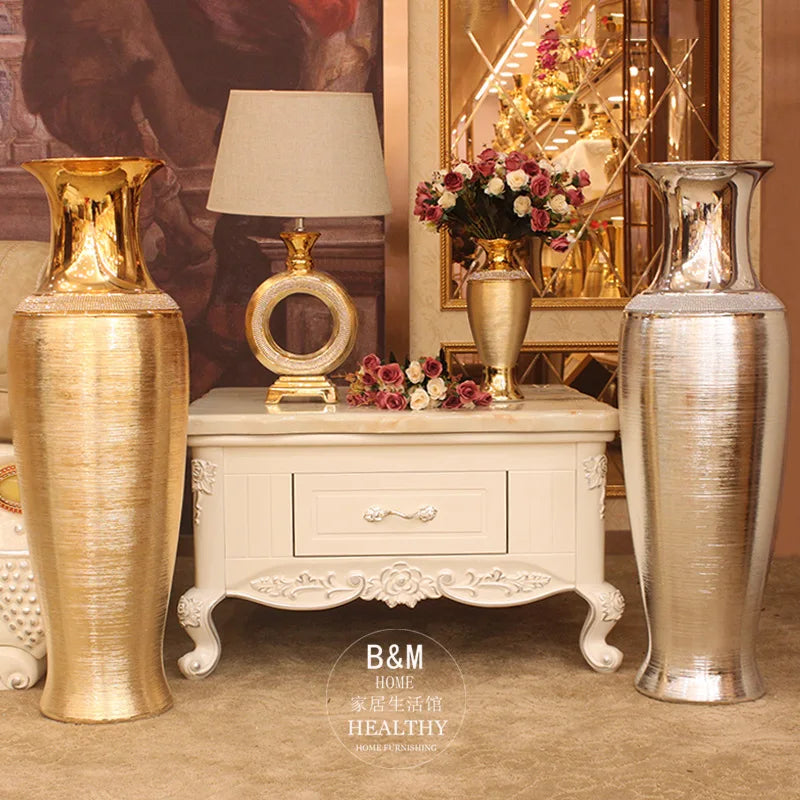 Afralia™ European Luxury Ceramic Floor Vase in Golden & Silver for Elegant Home Decor