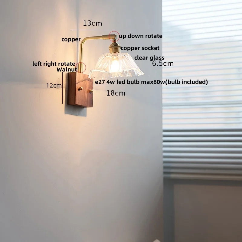 Afralia™ Walnut Glass LED Wall Light: Modern Brass Rotatable Bedside Lamp