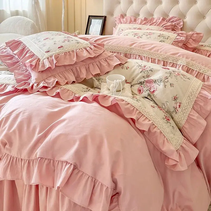 Afralia™ Pink Rose Floral Pleat Lace Ruffles 100% Cotton Bedding Set - Various Bed Sizes