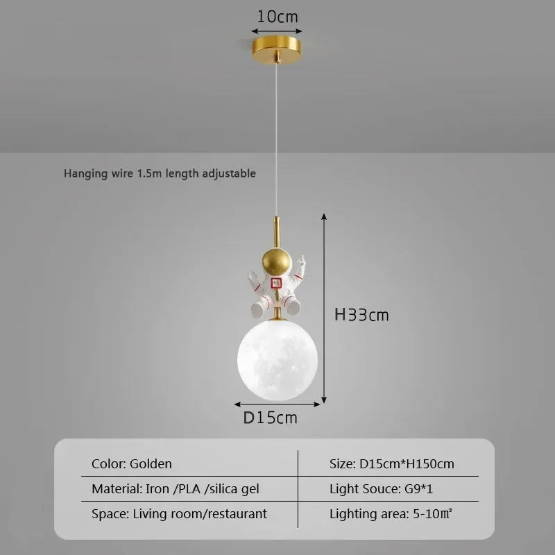 Afralia™ Astronaut Moon LED Pendant Light for Children's Room, Nordic Iron Design.