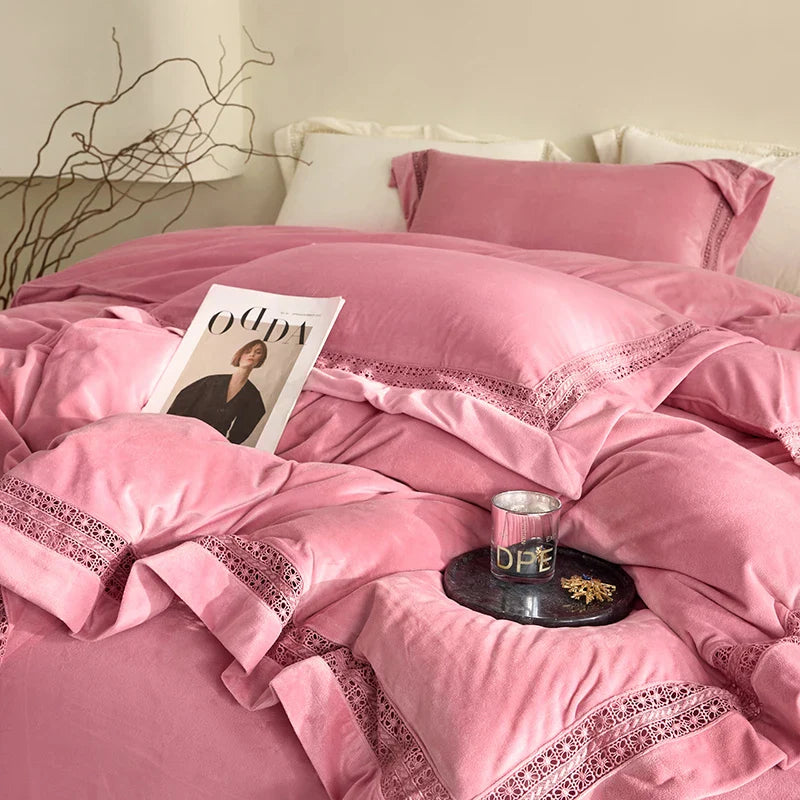 Afralia™ Cozy Velvet Lace Bedding Set: Duvet Cover, Sheet, Pillowcases - 4Pcs Warm & Stylish