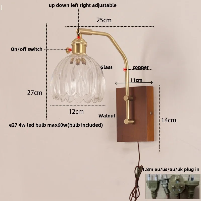 Afralia™ LED Glass & Wood Wall Lamp with Pull Chain Switch for Living Room, Bedroom, Bathroom