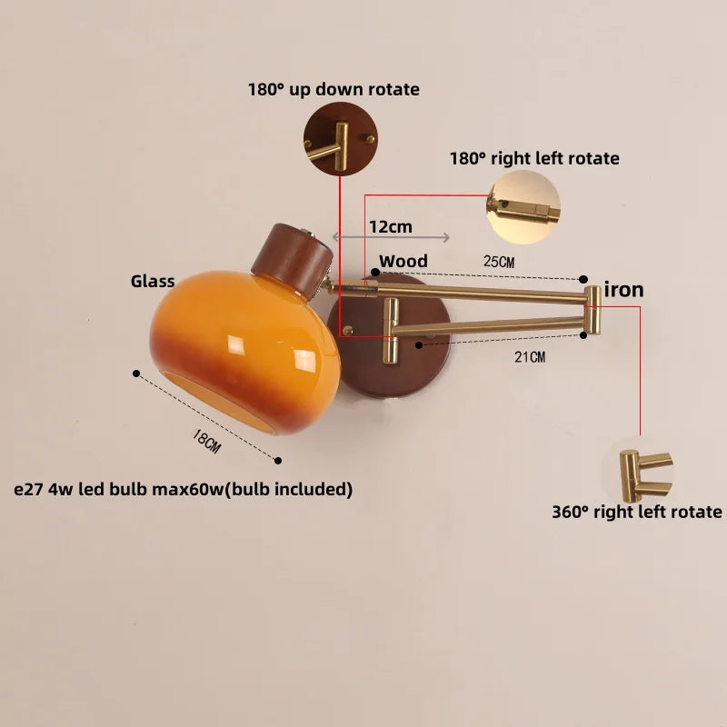 Afralia™ Modern Glass Swimg Arm LED Wall Lights for Study Bar Hotel Rotate Wood Bedside Lamp