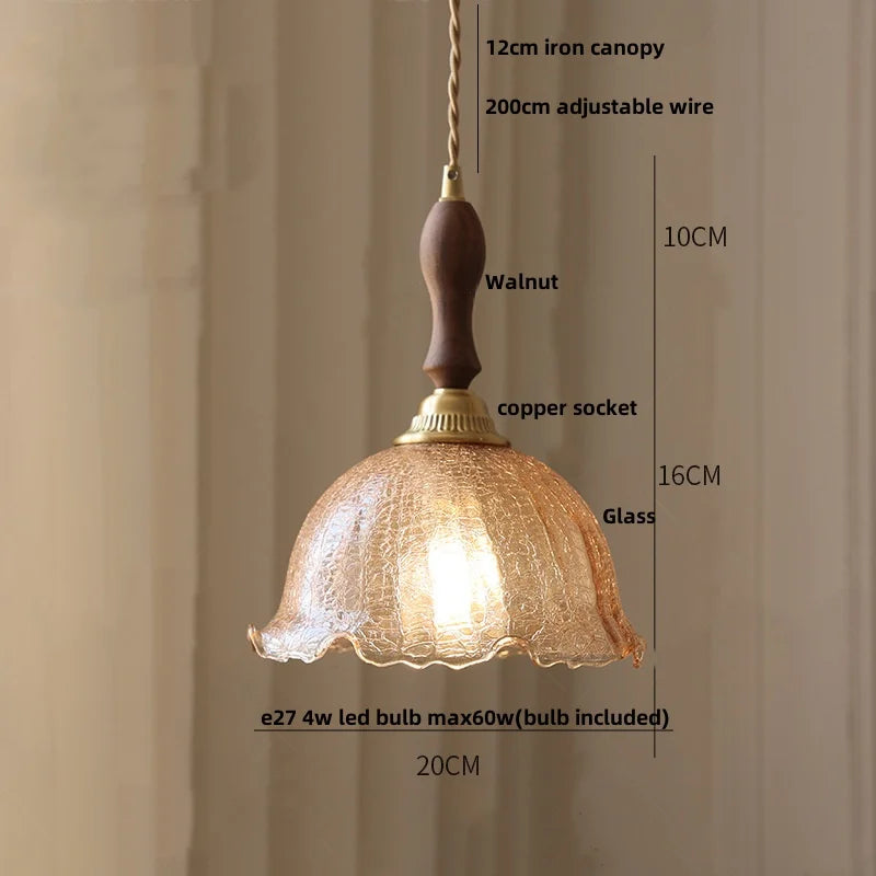 Afralia™ Amber Glass LED Pendant Lamp Walnut Wood Copper Hanging Light
