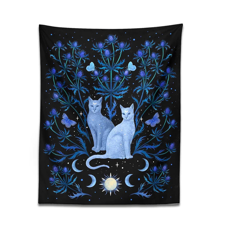 Afralia™ Cat Tapestry Wall Hanging Moon Sun Moth Leaf Flower Occult Home Decor