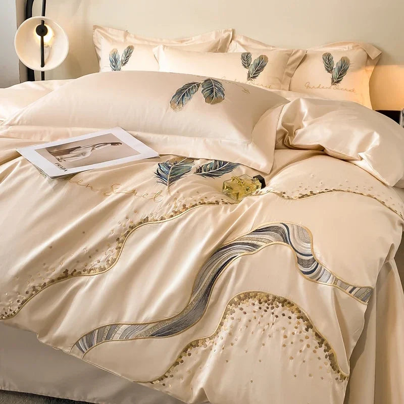 Afralia™ Cotton Embroidery Bed Linens Set: Full-Queen-King Size, Sheet, Duvet Cover, Pillowcase