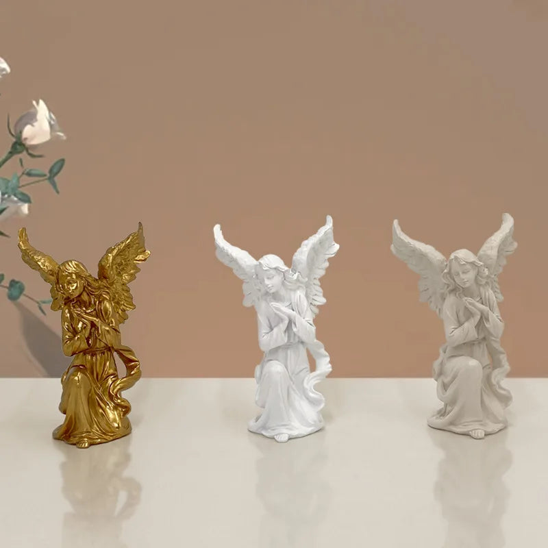 Afralia™ Angel Figurine White Gold Resin Sculpture Collectible Statue Home Decor